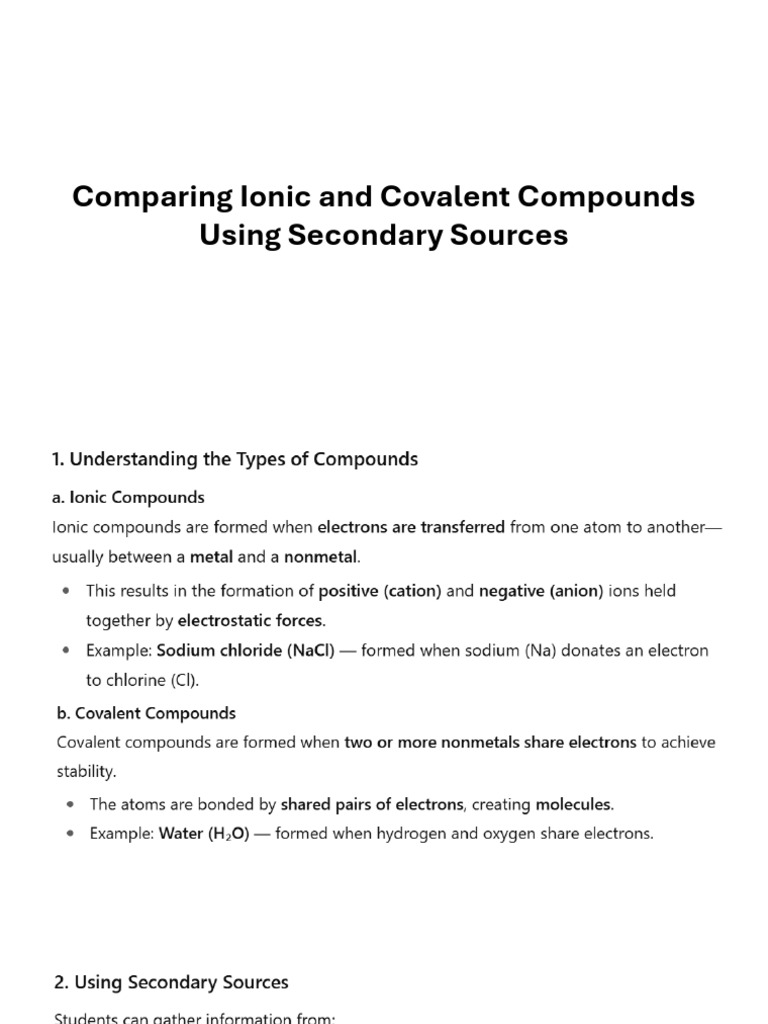 Comparing Ionic and Covalent Compounds Using Secondary Sources | PDF