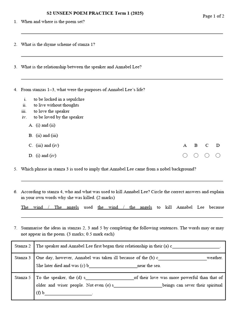 Annabel Lee Poem Analysis Questions | PDF | Poetry