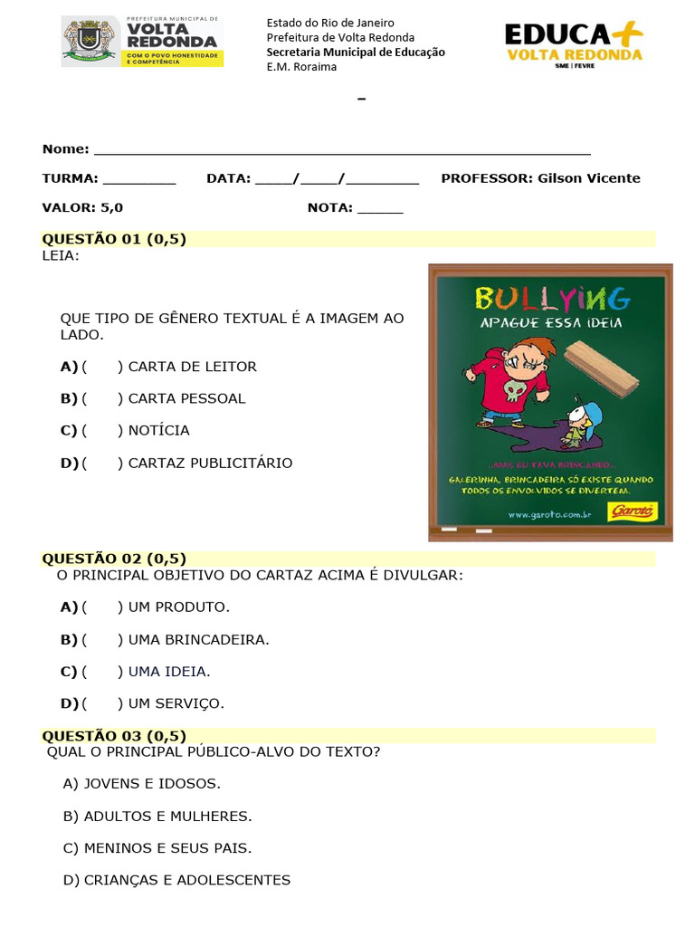 Avaliação de Língua Portuguesa - 3º Ano | PDF | Linguística | Famílias ...