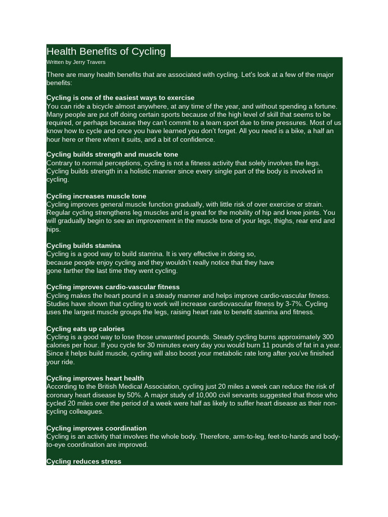 Health Benefits of Cycling | PDF | Physical Fitness | Cardiovascular ...