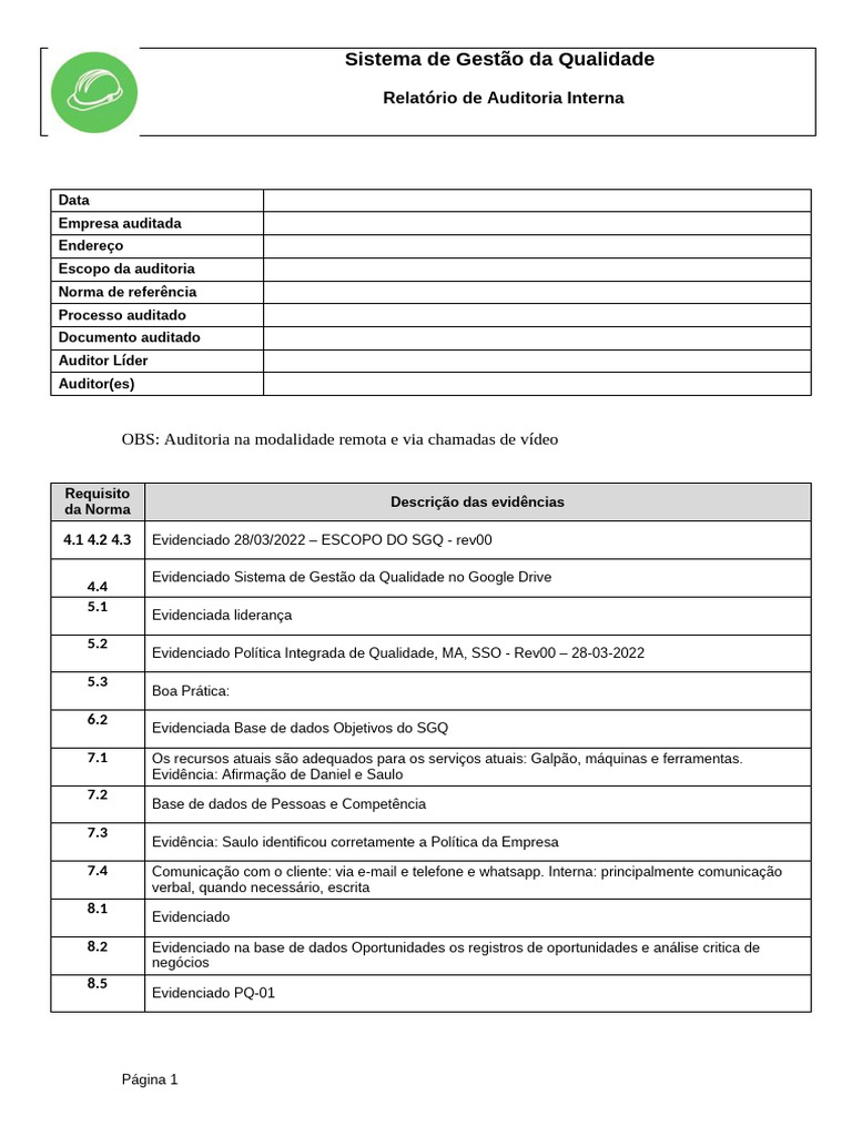 Relatório de Auditoria Interna SGQ 2022 | PDF | Gestão de qualidade ...