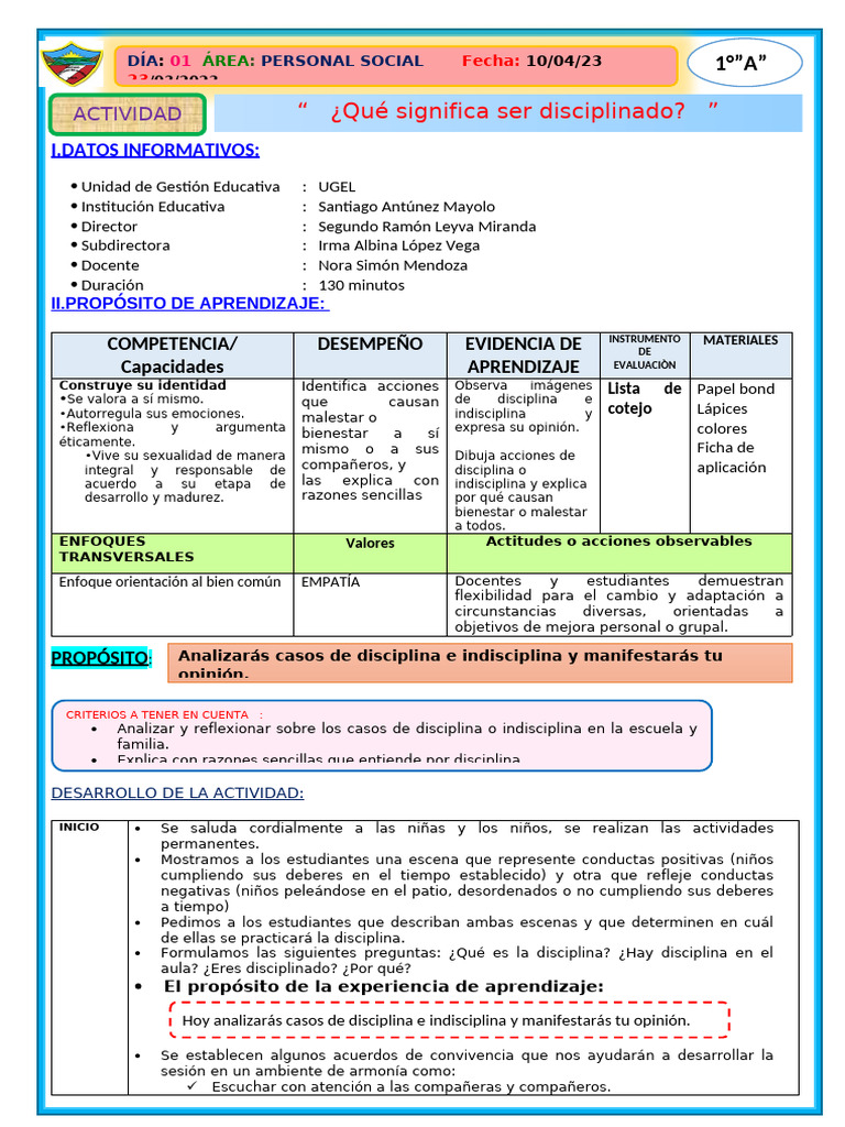 Sesión de Aprendizaje 1a - N°01 - Personal Social Disciplina | PDF ...