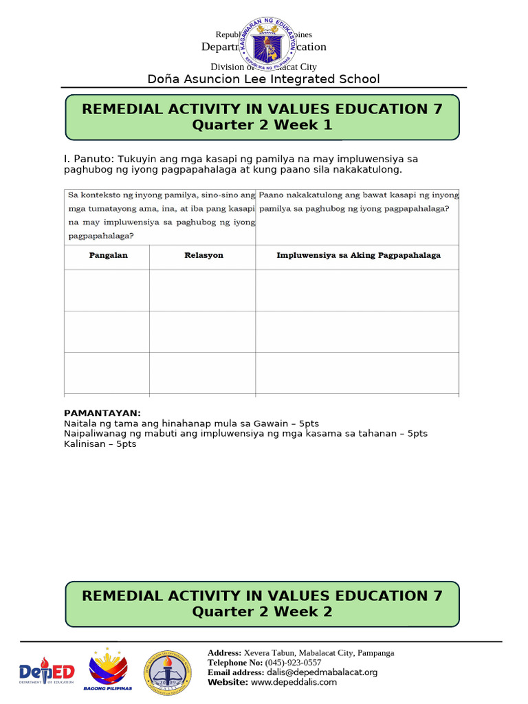 Remediation Activities - Values Education 7 - Quarter 2 | PDF