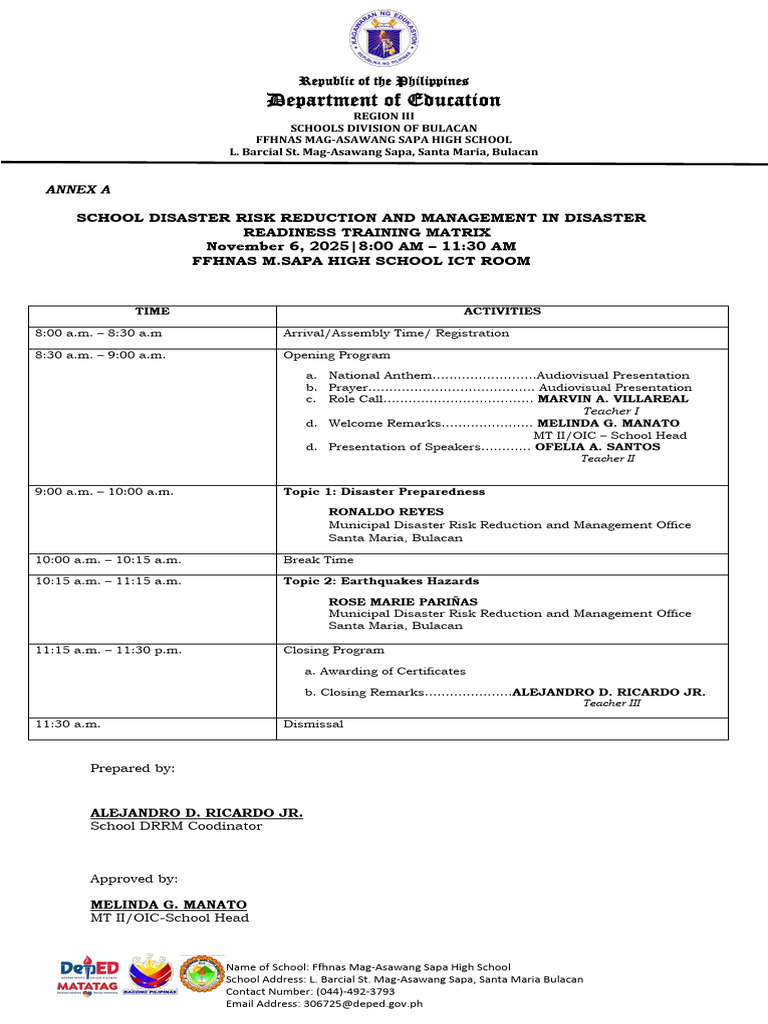 Disaster Readiness Training Schedule | PDF | Civil Defense | Hazards