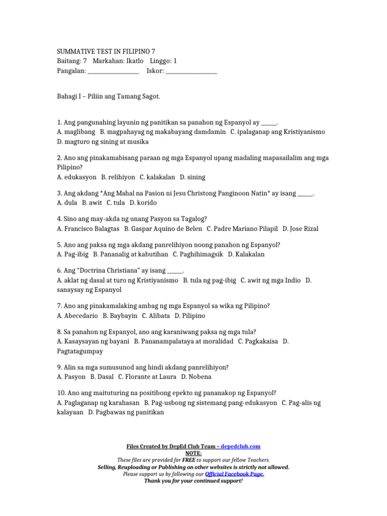Summ - Test Filipino 7 q3 w1 | PDF