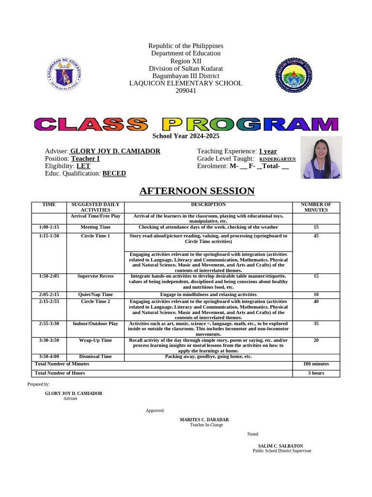Class Program 2 Kinder PM | PDF | Teachers | Learning
