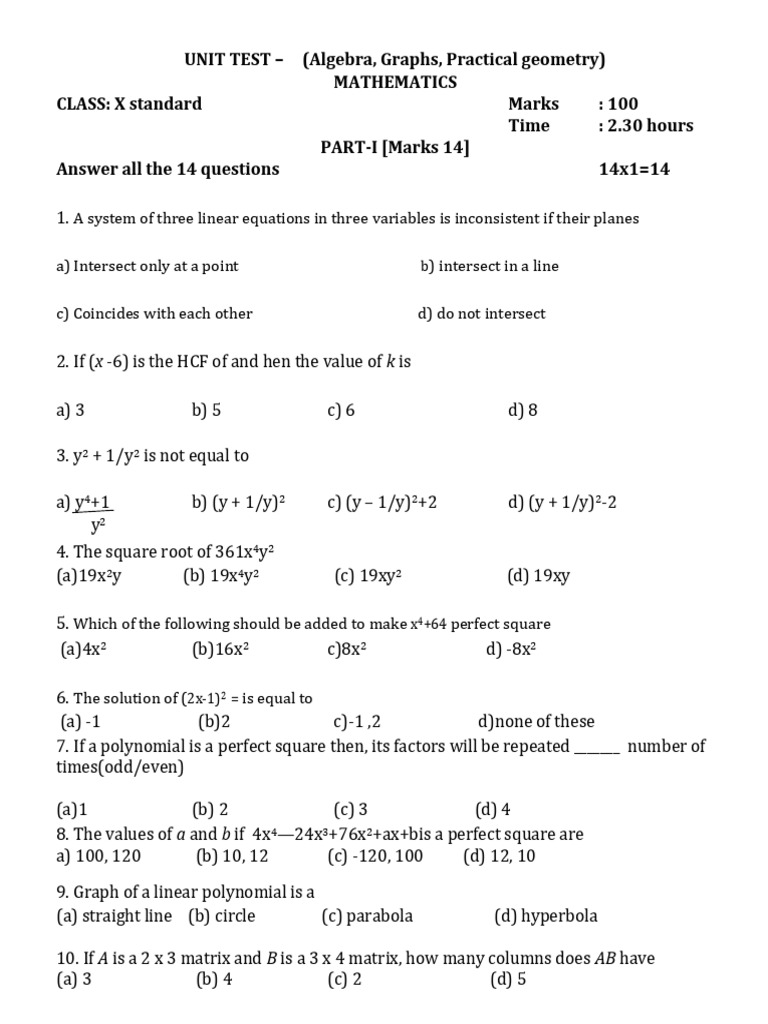 Class X Mathematics Unit Test 3 | PDF | Matrix (Mathematics) | Equations