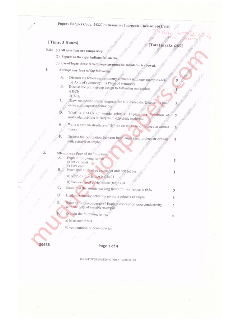 Science BSC Chemistry Semester 5 2023 November Inorganic Chemistry 6 ...