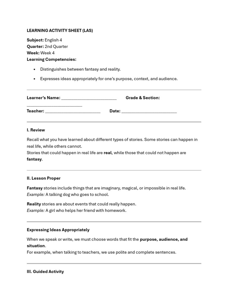English 4: Fantasy vs. Reality Lesson | PDF