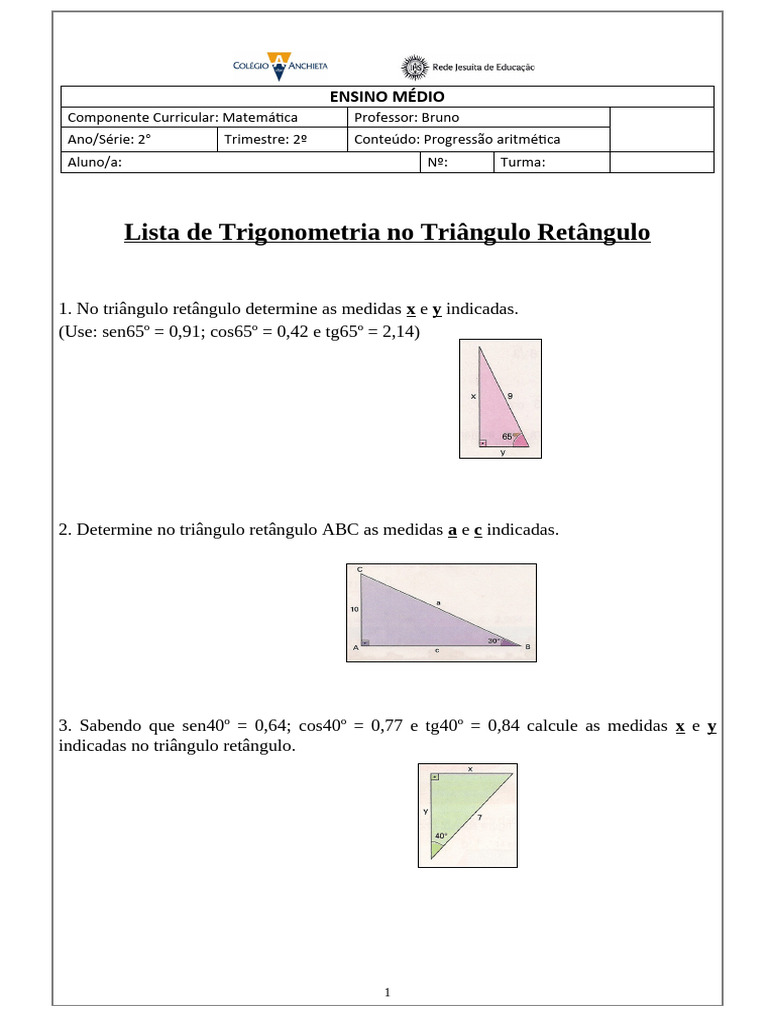 Exercícios de Trigonometria no Triângulo Retângulo | PDF | Triângulo ...