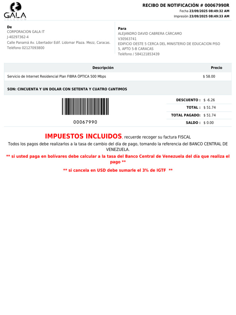 Recibo de Internet Fibra Óptica 500 Mbps | PDF