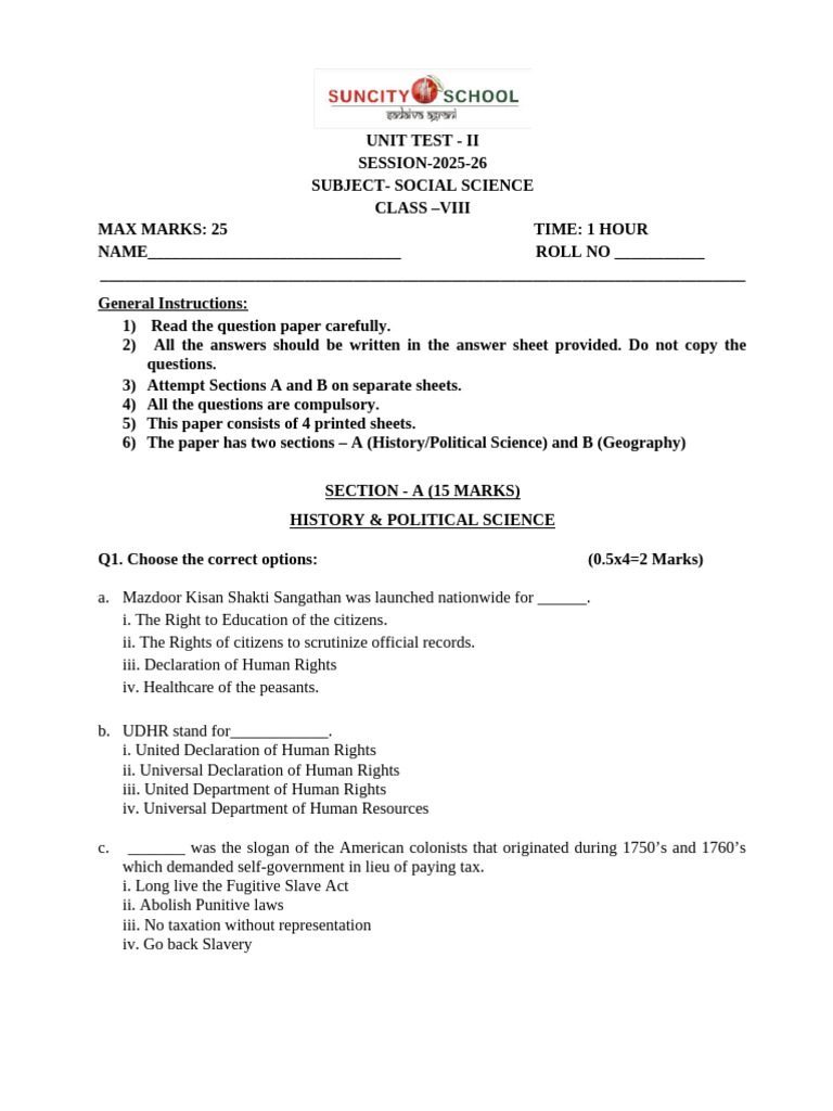Class VIII Social Science Unit Test 2025-26 | PDF | Fugitive Slaves In ...