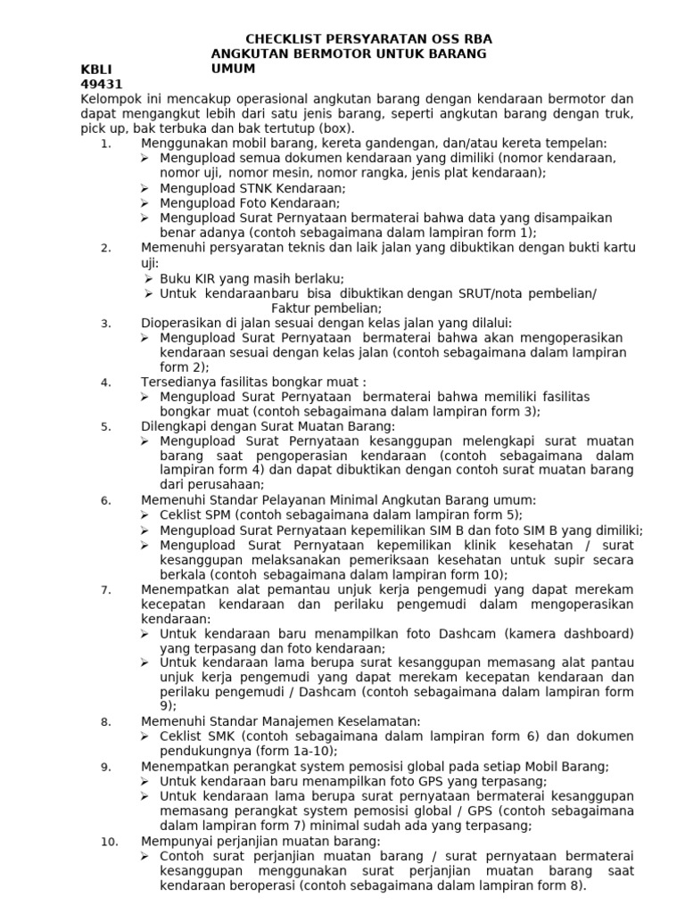 Persyaratan OSS RBA Angkutan Barang Umum | PDF