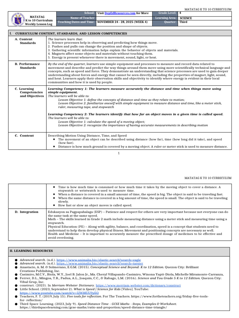 DLL - Matatag - Science 4 q3 w4 | PDF | Speed | Learning