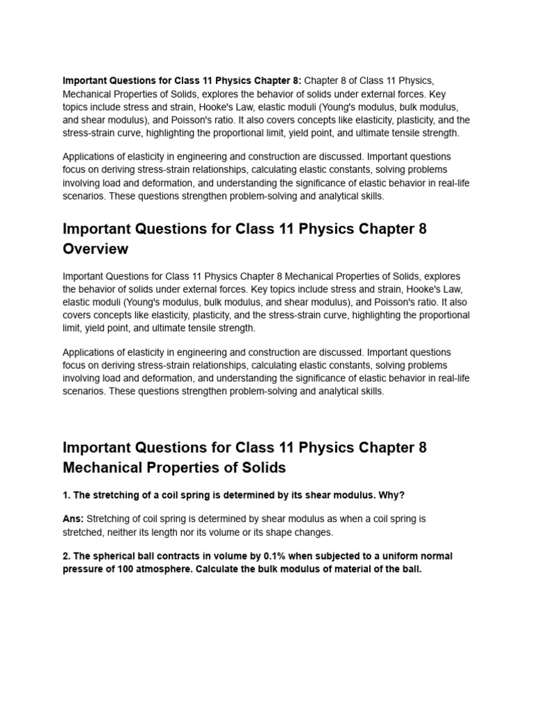 Important Questions For Class 11 Physics Chapter 8 | PDF | Young's ...