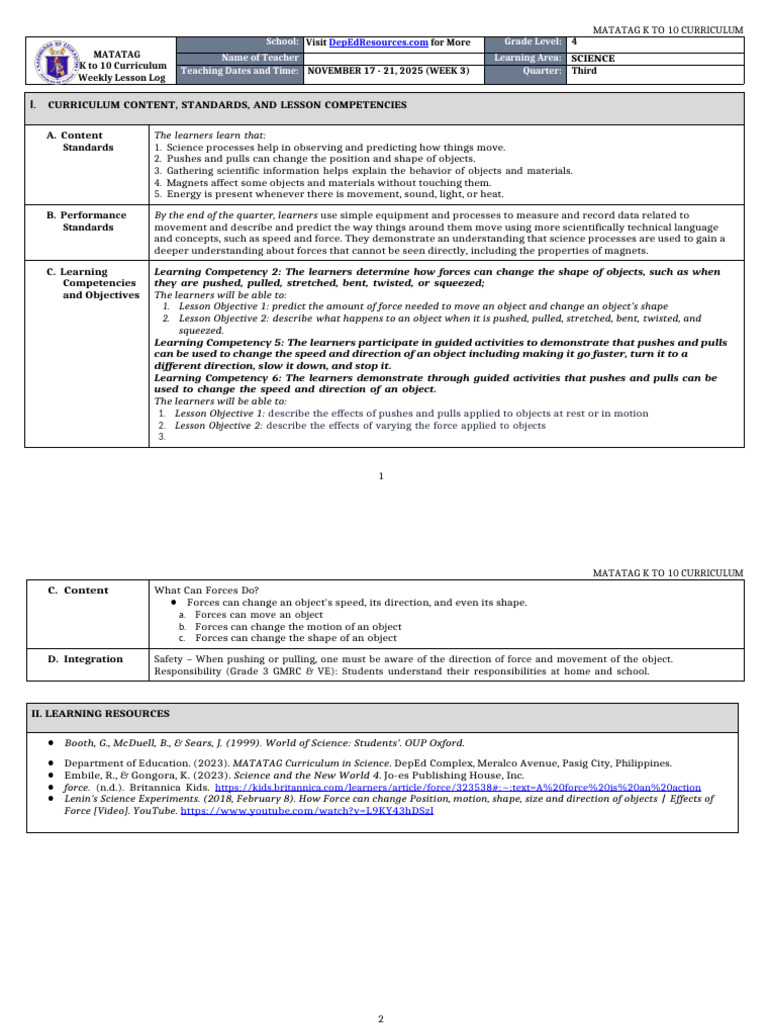 DLL - Matatag - Science 4 q3 w3 | PDF | Force | Curriculum