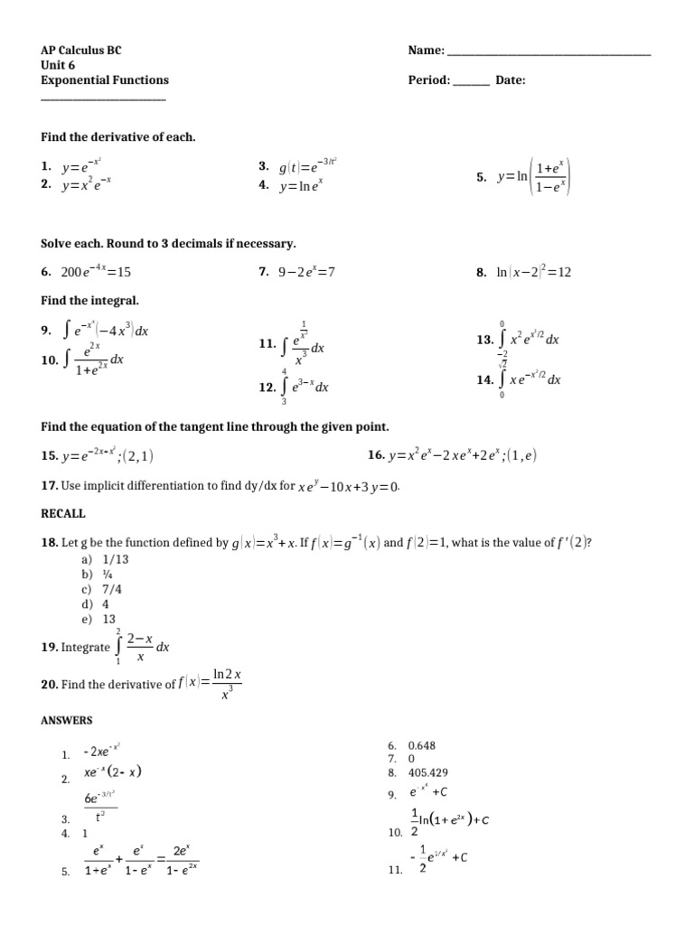 Day 2 - Exponential Functions WS | PDF | Derivative | Mathematical Concepts