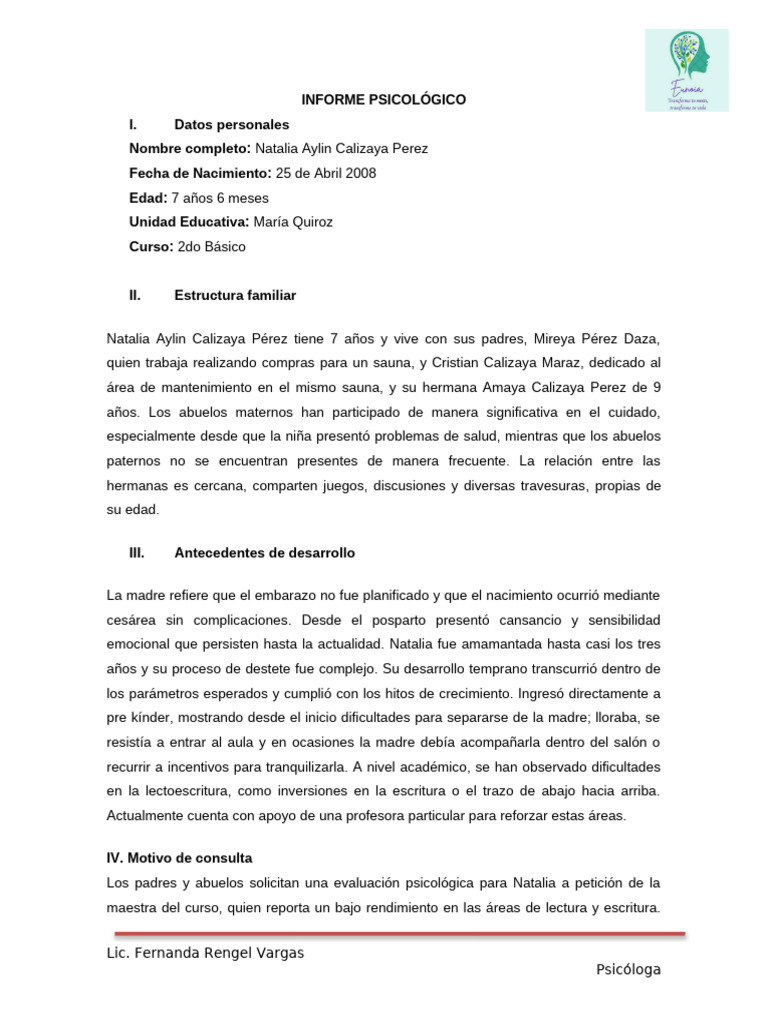 Informe psicológico de Natalia Calizaya | PDF | Las emociones ...