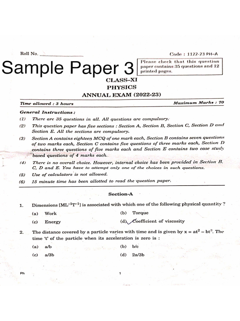 Xi Physics Sample Paper 3 (2025-26) | PDF