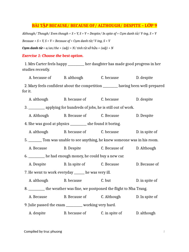 Bài Tập Because Because of Although Despite (Lớp 9) | PDF