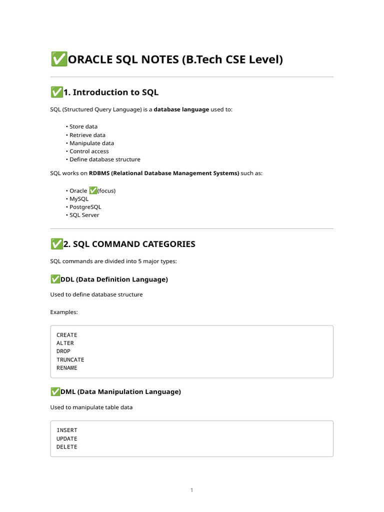 Oracle SQL Notes for B.Tech CSE | PDF | Sql | Information Science