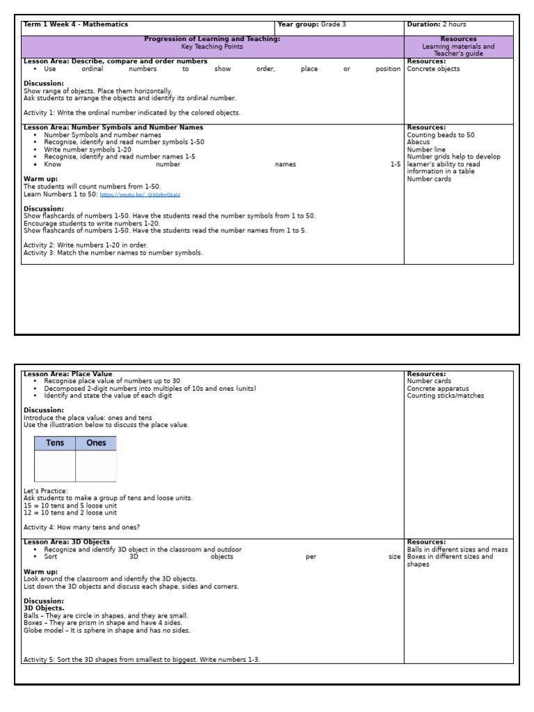 Grade 3 Math Lesson Plan Week 4 | PDF | Learning | Cognition