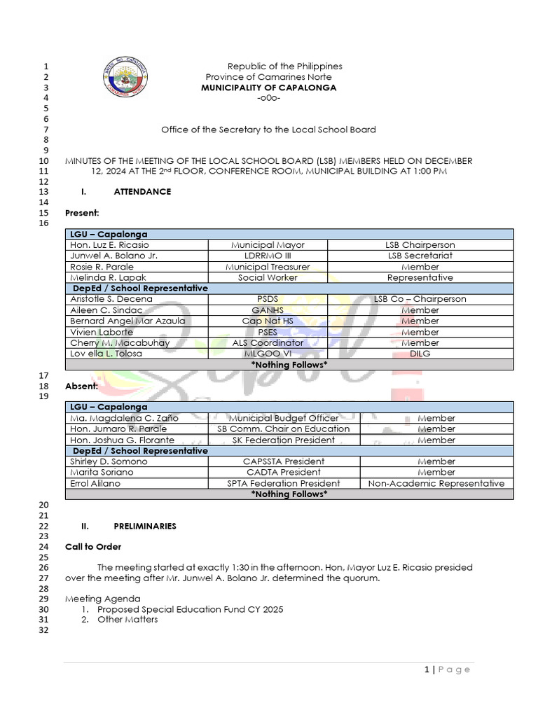 Capalonga Local School Board Meeting Minutes | PDF | Meetings
