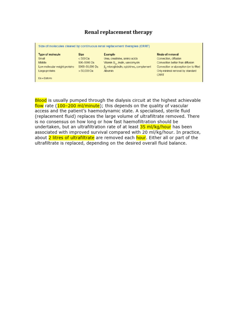 Renal Replacement Therapy Summary | PDF | Hemodialysis | Medical ...