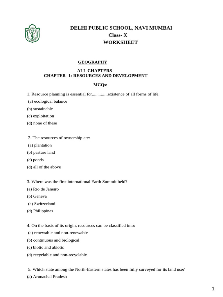 Class X Geography Worksheet: Resources | PDF | Agriculture | Soil
