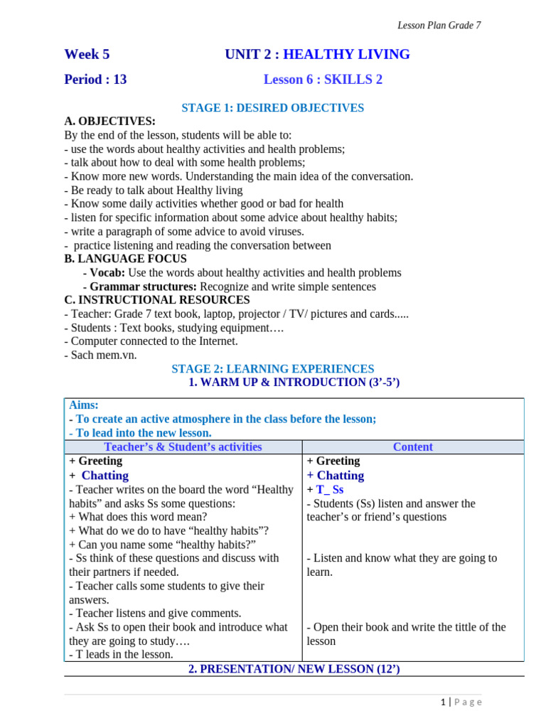 Grade 7 Healthy Living Lesson Plan | PDF | Vocabulary | Lesson Plan