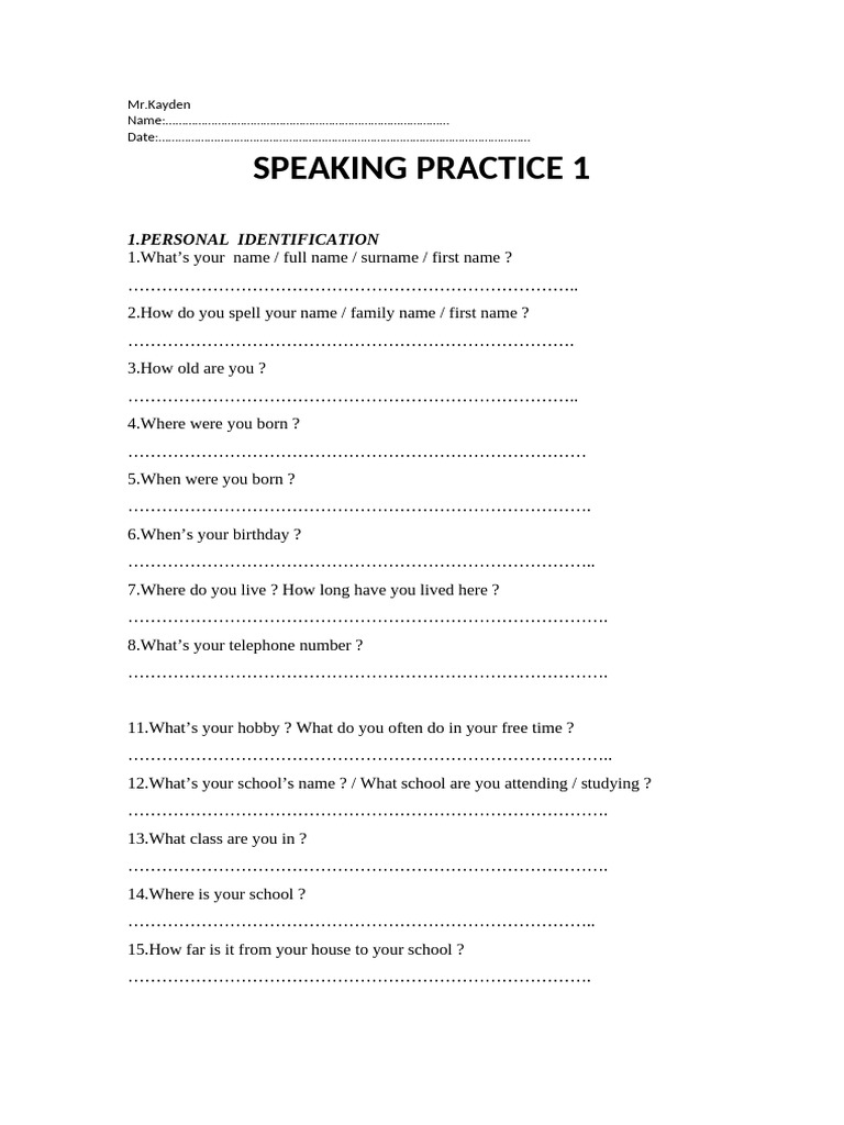 Speaking Practice 1 | PDF