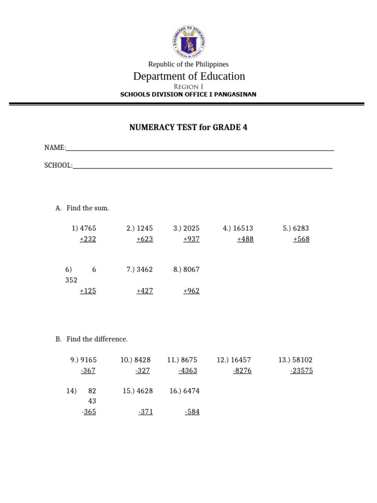 Grade 4 Numeracy Test Philippines | PDF