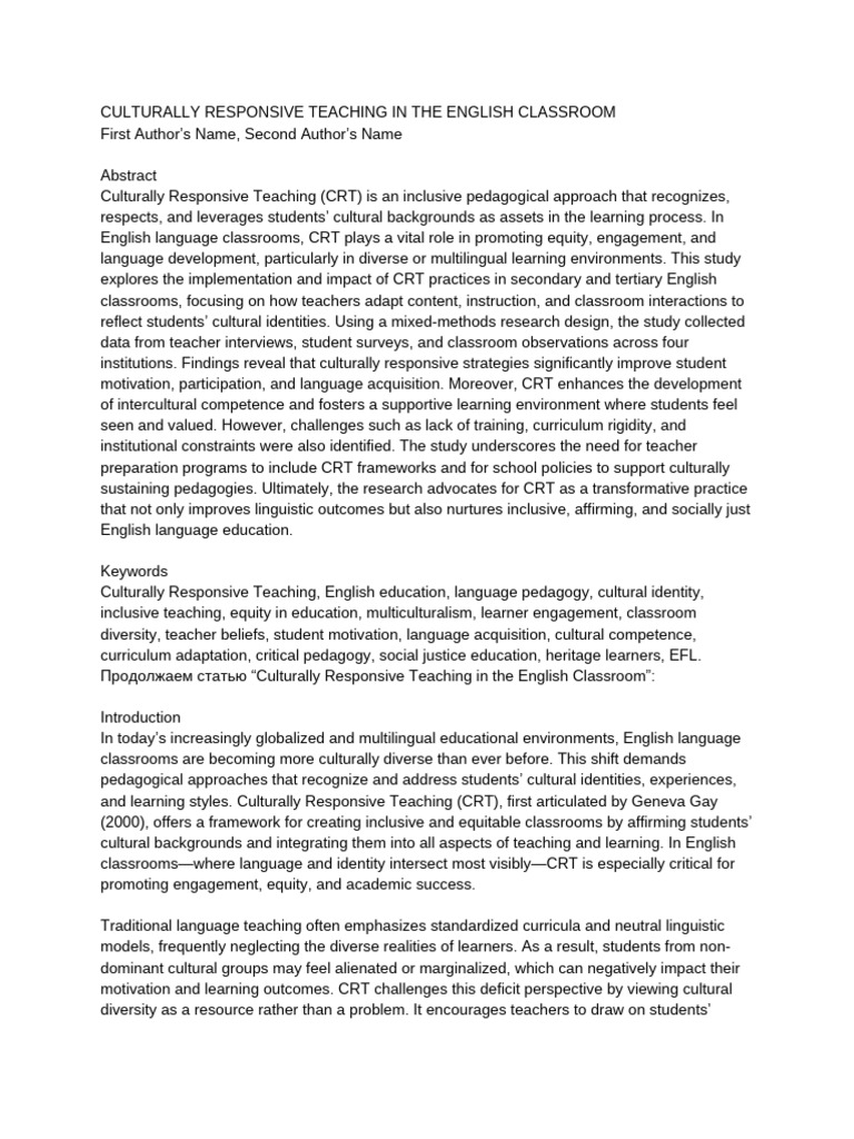 Culturally Responsive Teaching in The English Classroom | PDF ...