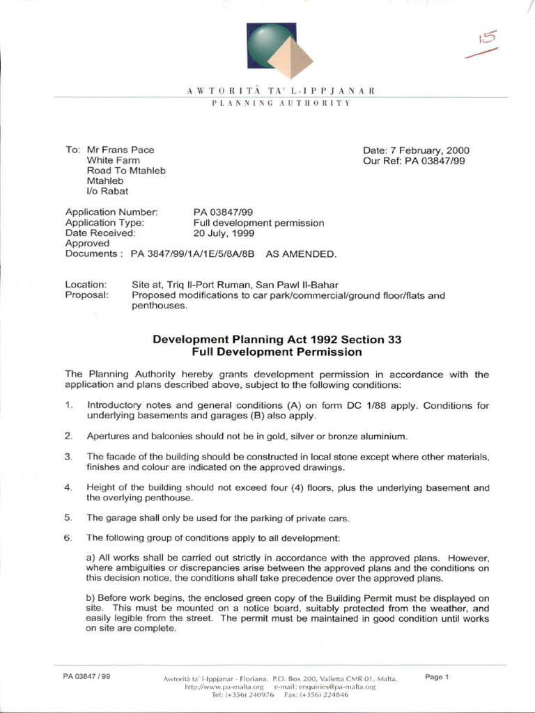 Full Development Permission PA/03847/99 | PDF