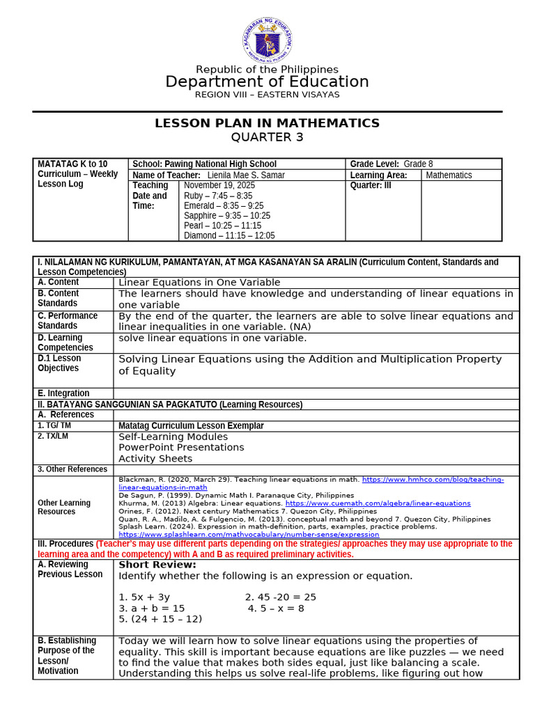 Grade 8 Math Lesson Plan: Linear Equations | PDF | Equations | System ...