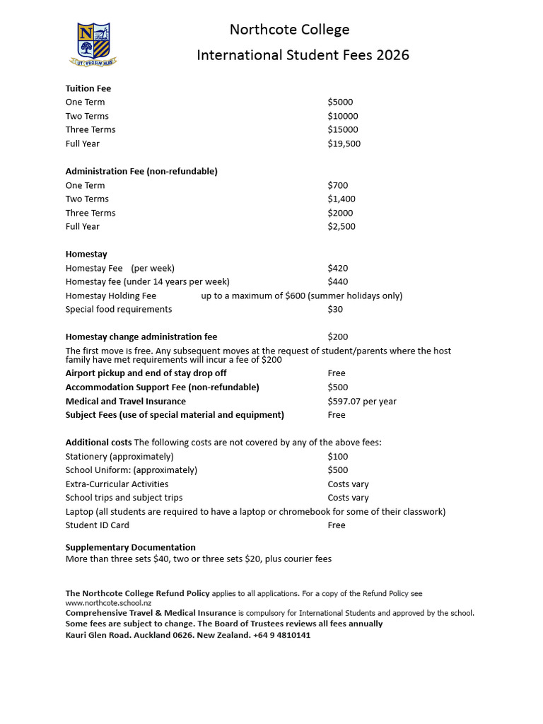 NC2026 International Student Fee Schedule | PDF