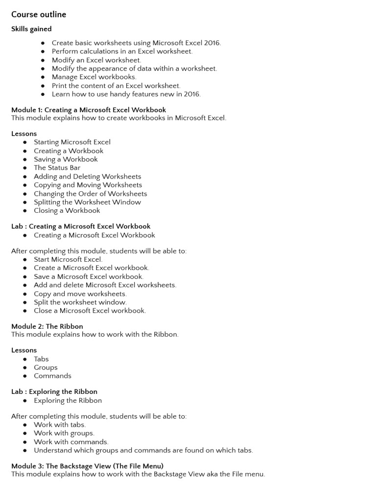Microsoft Excel 2016 Course Outline | PDF | Microsoft Excel | Worksheet