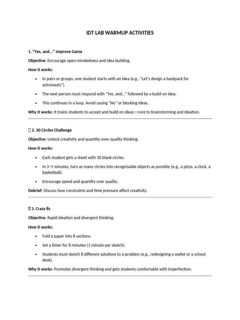 IDT Lab Creative Warmup Activities | PDF | Creativity | Brainstorming