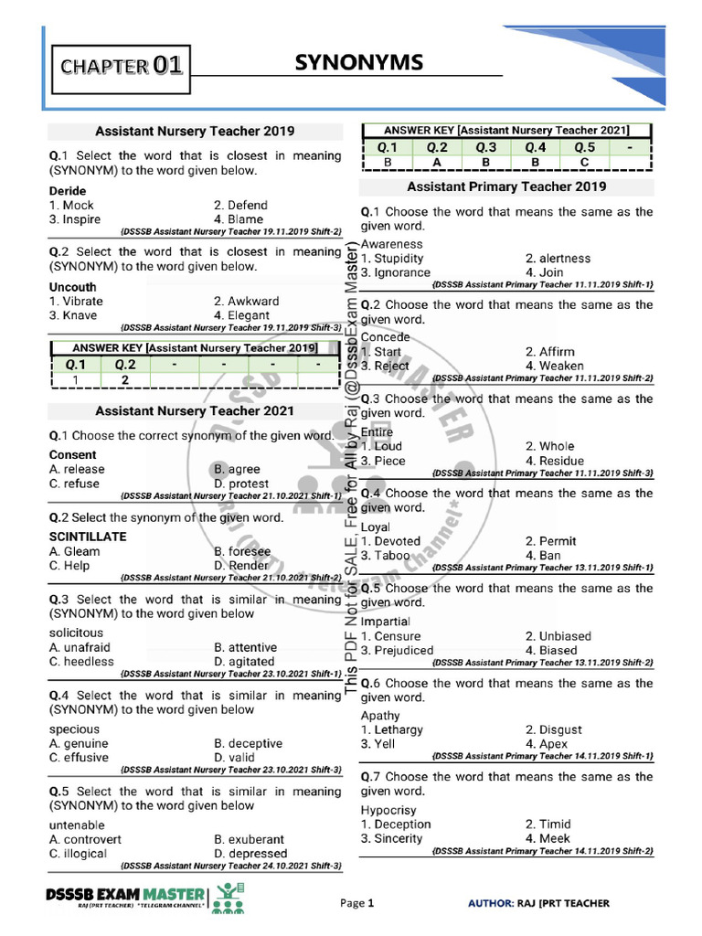 Synonyms & Antonyms DSSSB PYQ 2019 To Apr 2025 @DsssbExamMaster | PDF