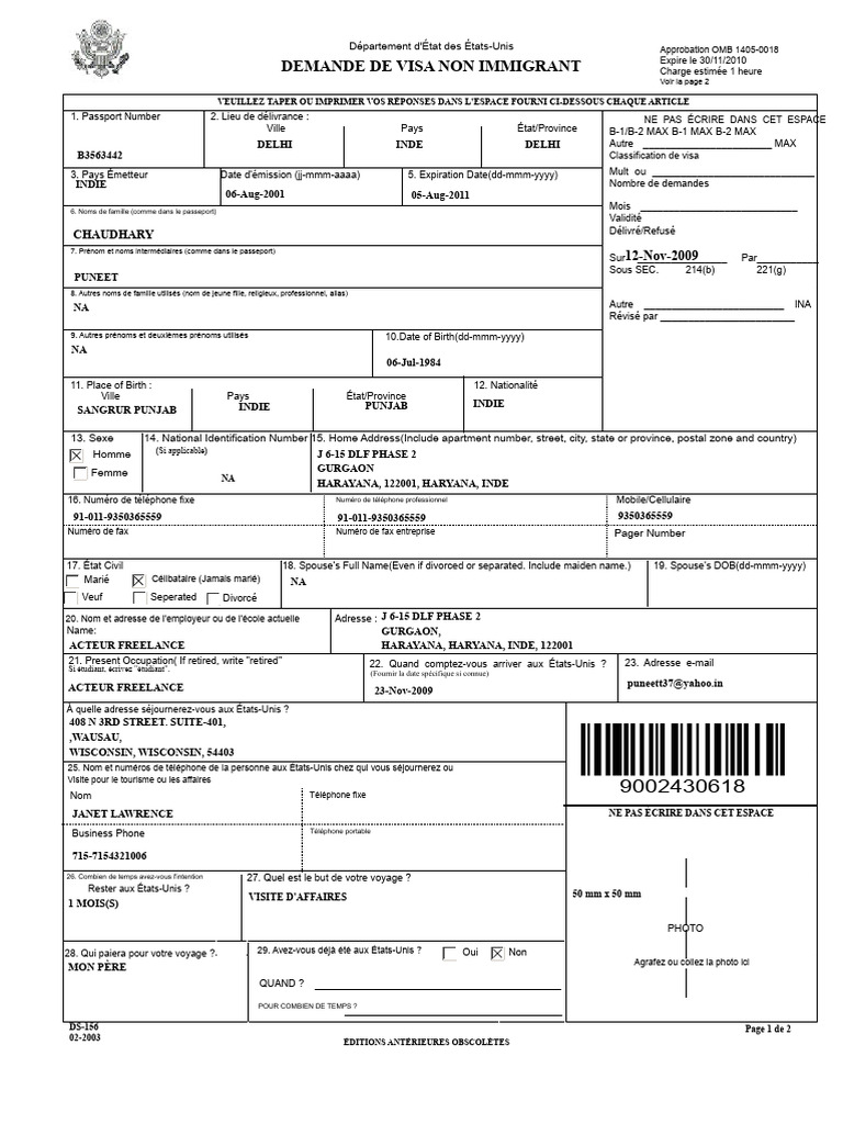 Demande de Visa Non-Immigrant DS-156 | PDF | Visa (Document) | Les ...