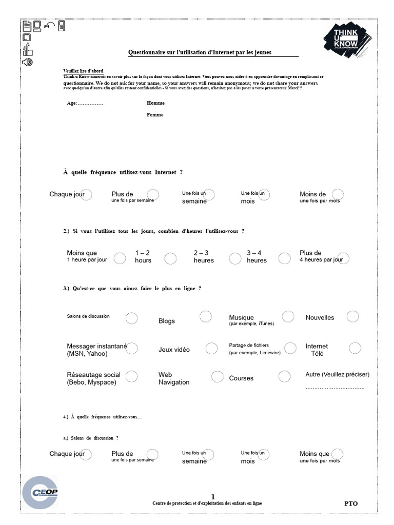 Questionnaire sur l'usage d'Internet par les jeunes | PDF | Réseautage ...