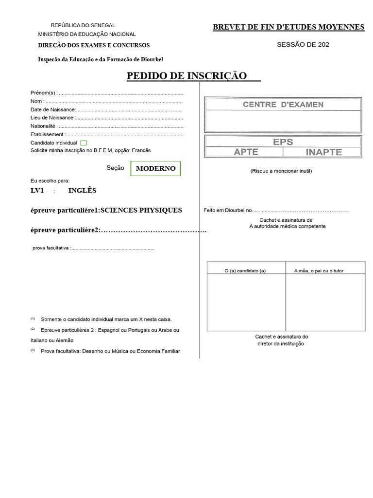 Inscrição para o B.F.E.M no Senegal | PDF