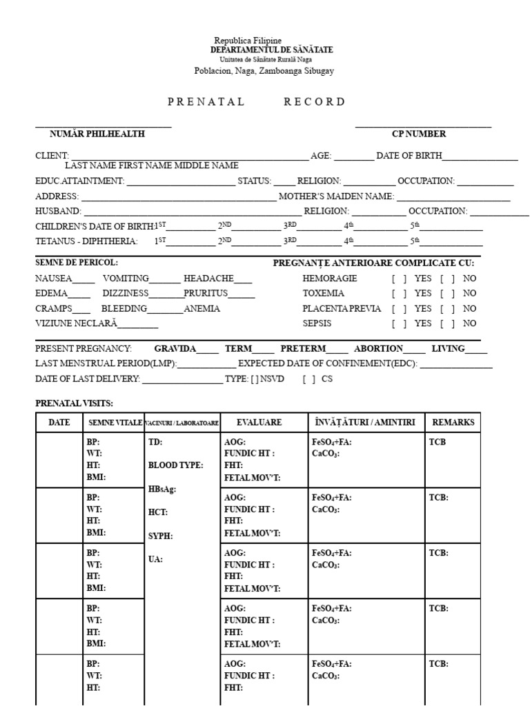 Prenatal Health Record Template | PDF | Motherhood | Health Care