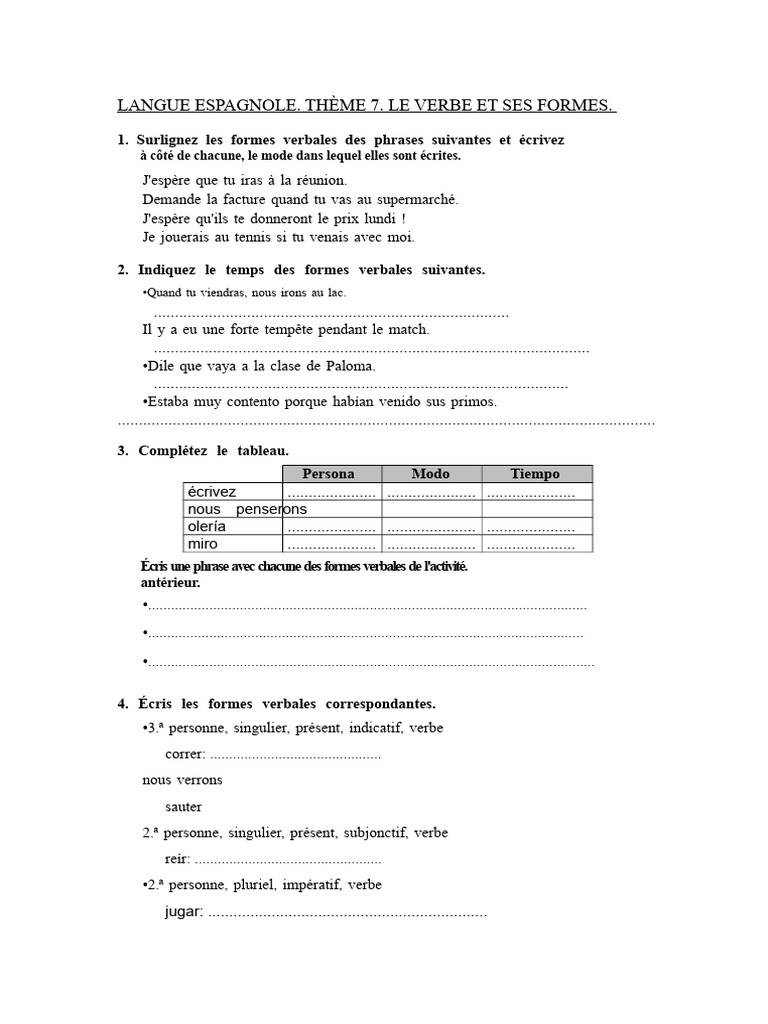 Verbes en espagnol : modes et temps | PDF | Verbe | Nombre grammatical