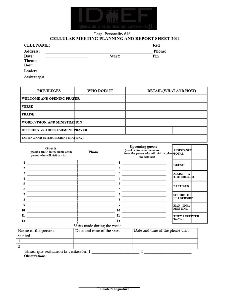 Planning and Reporting Sheet of The Cellular Meeting 2011 | PDF ...