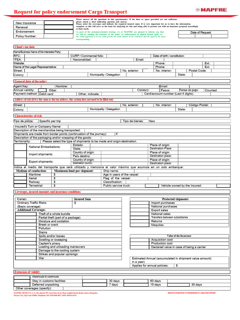 Cargo Transport Insurance Application Form | PDF | Insurance
