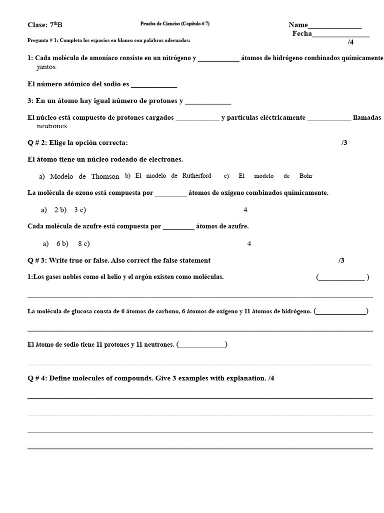 Prueba de Ciencias Clase 7 B C H # 7 | PDF | Átomos | Moléculas
