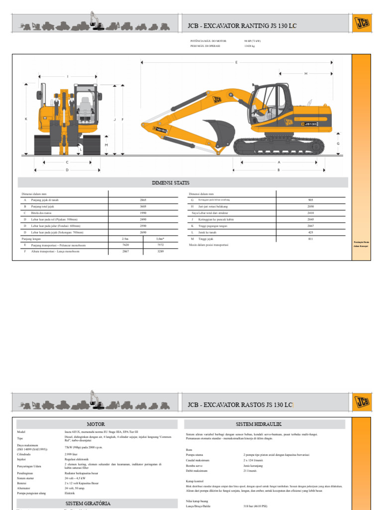 Spesifikasi JCB Excavator JS 130 LC | PDF
