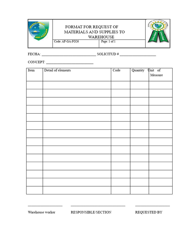 Warehouse Materials Request Form | PDF