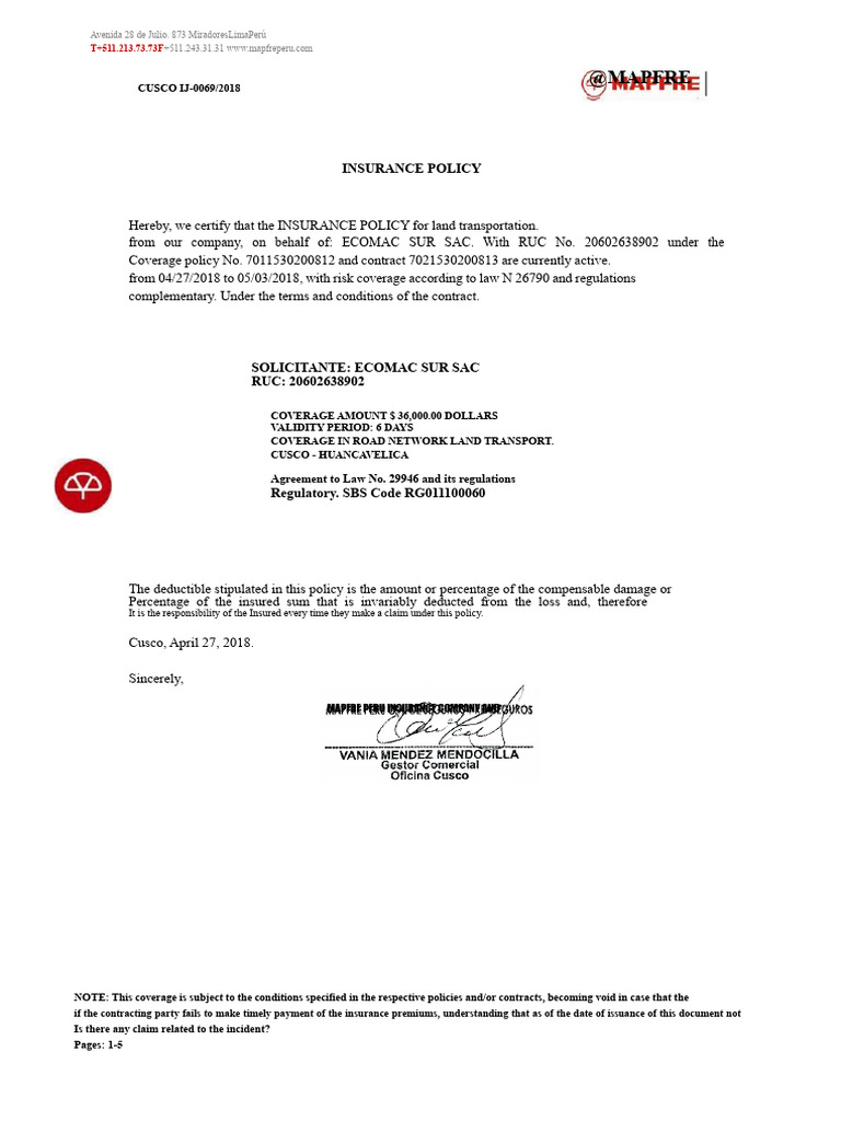 Mapfre Insurance Policy PDF | PDF